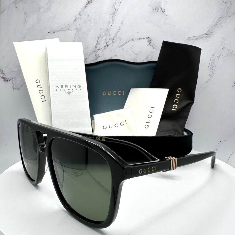 New GUCCI Sunglasses Black Aviator Pilot Gold Logo Metal Red Green Web Gucci
